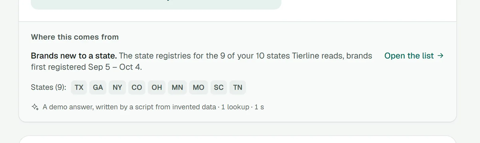 Where an answer comes from, under an answer in Ask: each lookup with the data, dates and states it read and a link to the page to dig further, the states the answer covered as chips, and a line saying who answered, how many lookups it made and how long it took.