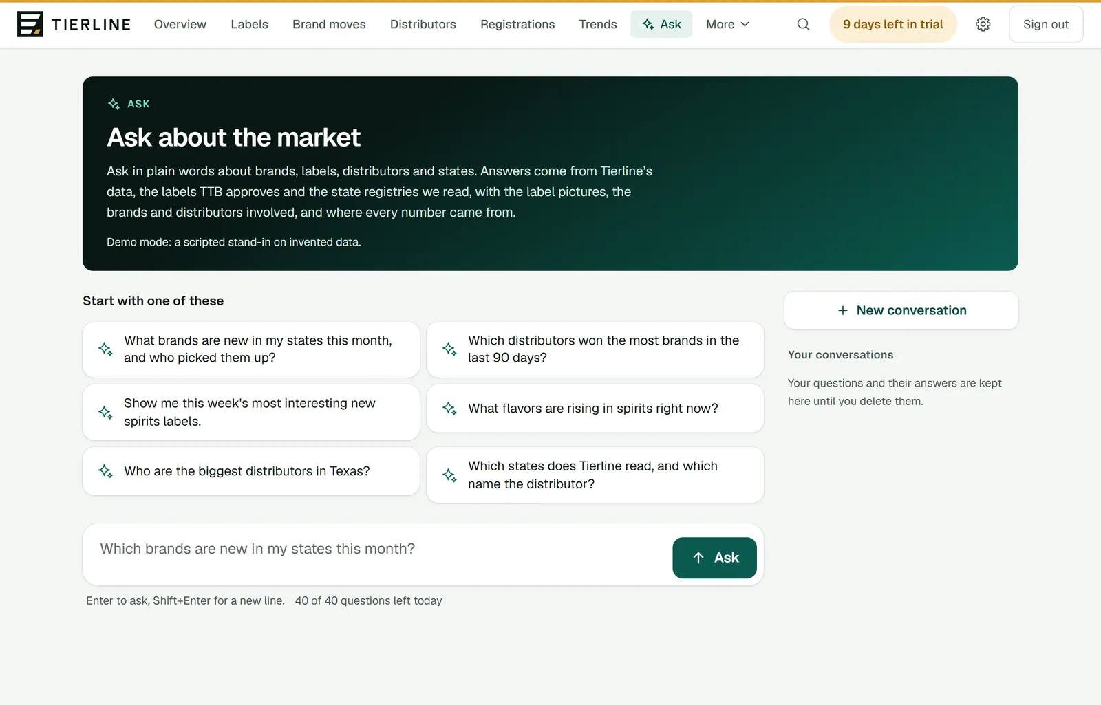 Ask in Tierline's demo before a question: a banner explaining Ask, six suggested questions to start with, a question box with an Ask button and how many questions are left today, and a list of past conversations.