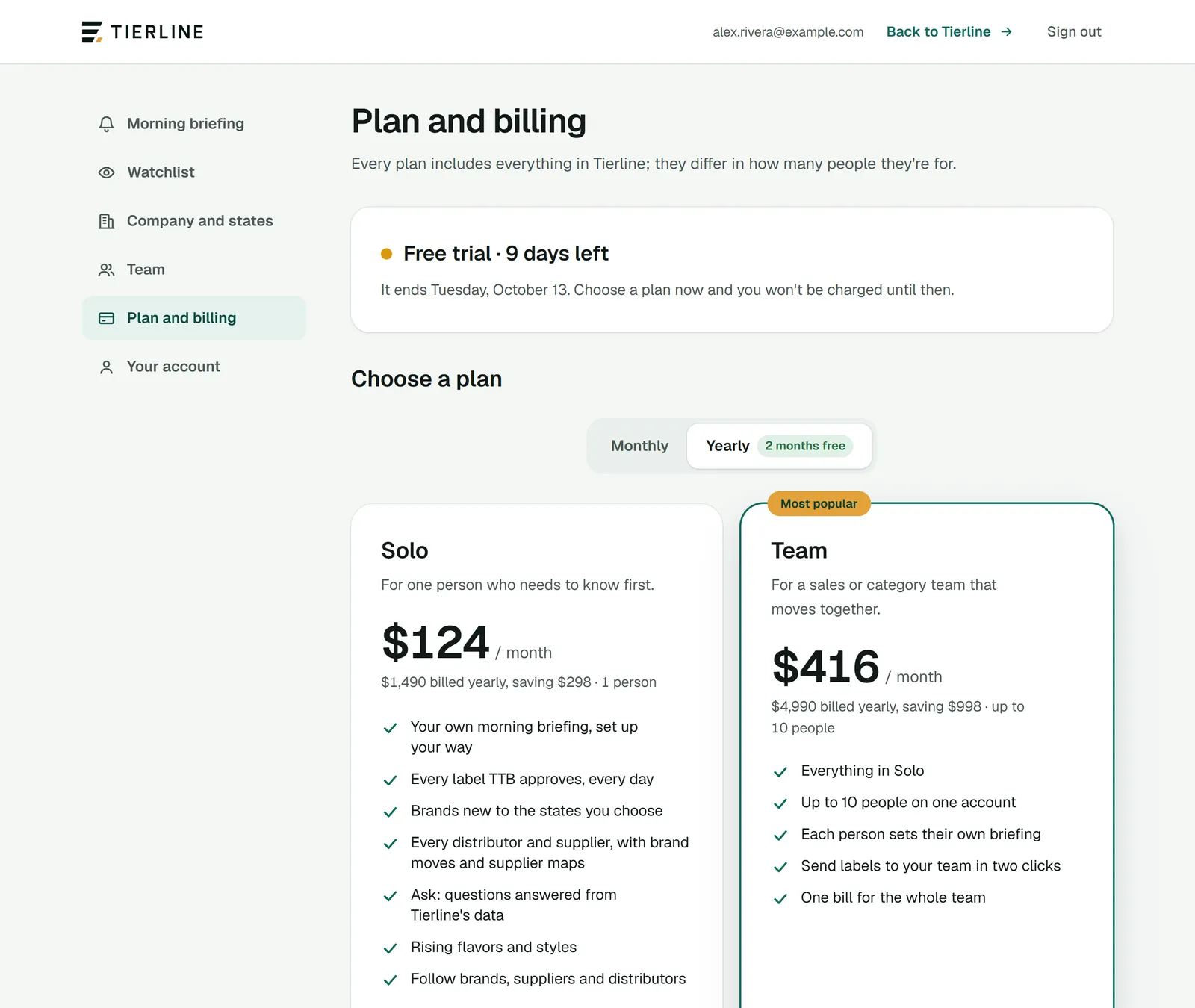 Plan and billing in Tierline's demo: where the free trial stands and when it ends, a monthly or yearly switch, and the plans side by side.