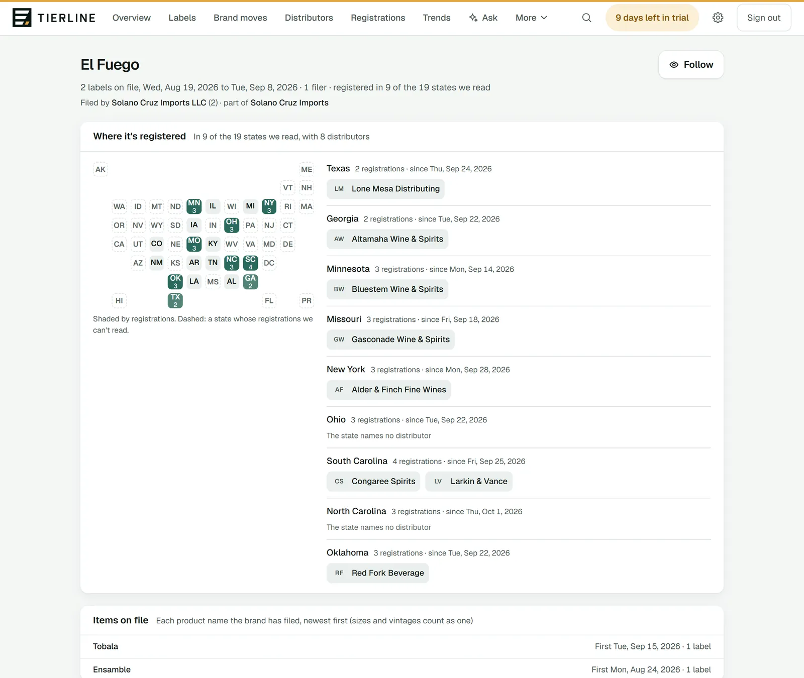 A brand's page in Tierline's demo: its name with a Follow button, how many labels it has on file and who filed them, then a tile map of where it's registered beside each state's distributors and since when.