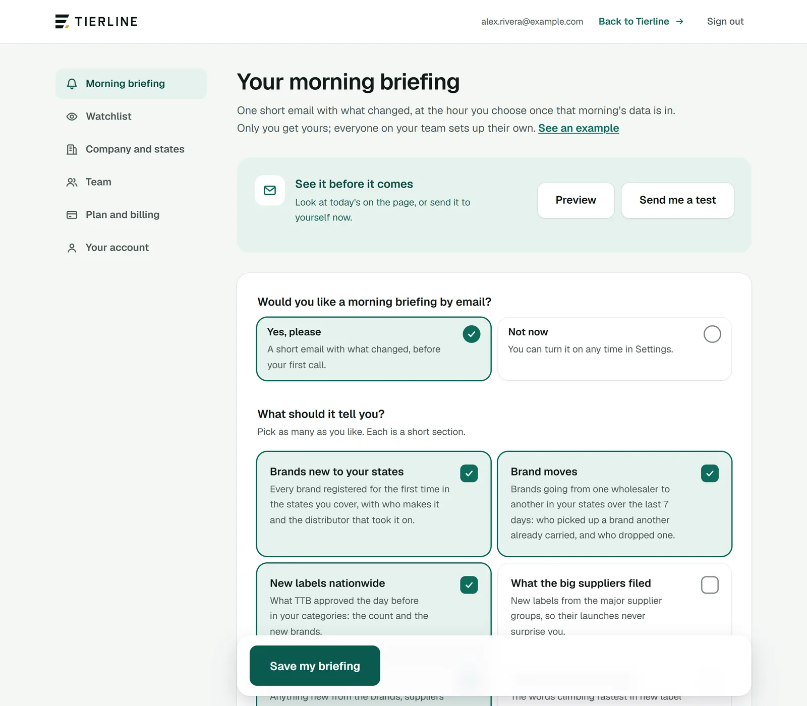 The morning briefing in Settings: a menu of settings on the left, a panel to preview the briefing or send yourself a test, a yes or not now choice, and big cards for each section the briefing can carry.