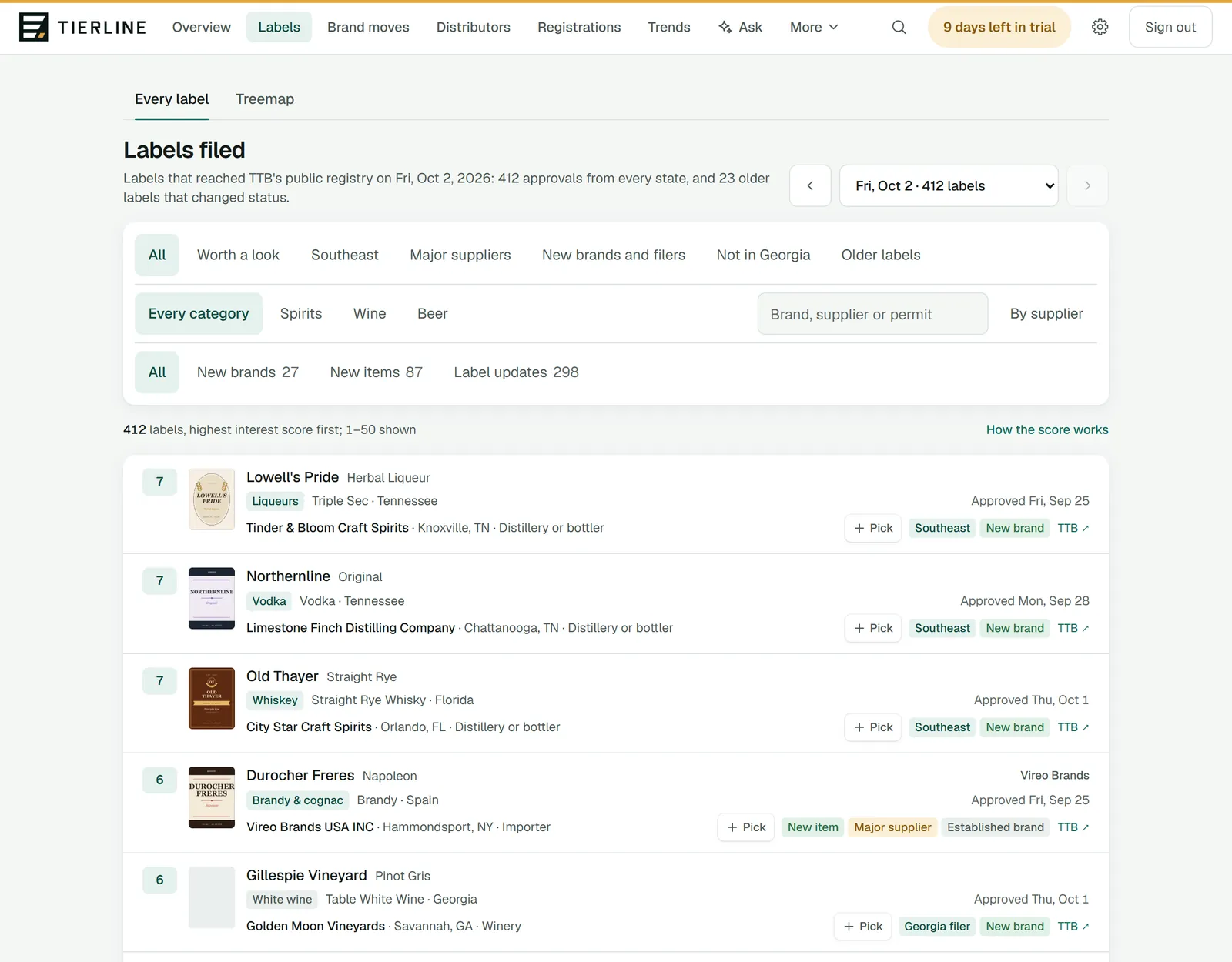 Labels in Tierline's demo: tabs for every label and the treemap, the day's label count with a day picker, filter chips for views, categories and what's new, a box to filter the day by brand, supplier or permit, and the first labels in the list.