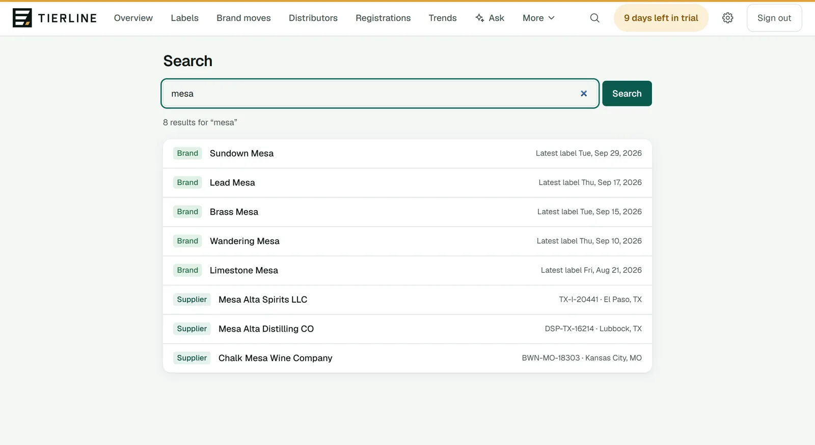 Search in Tierline: a search box with results tagged Trend, Brand or Supplier, each a link to its page.