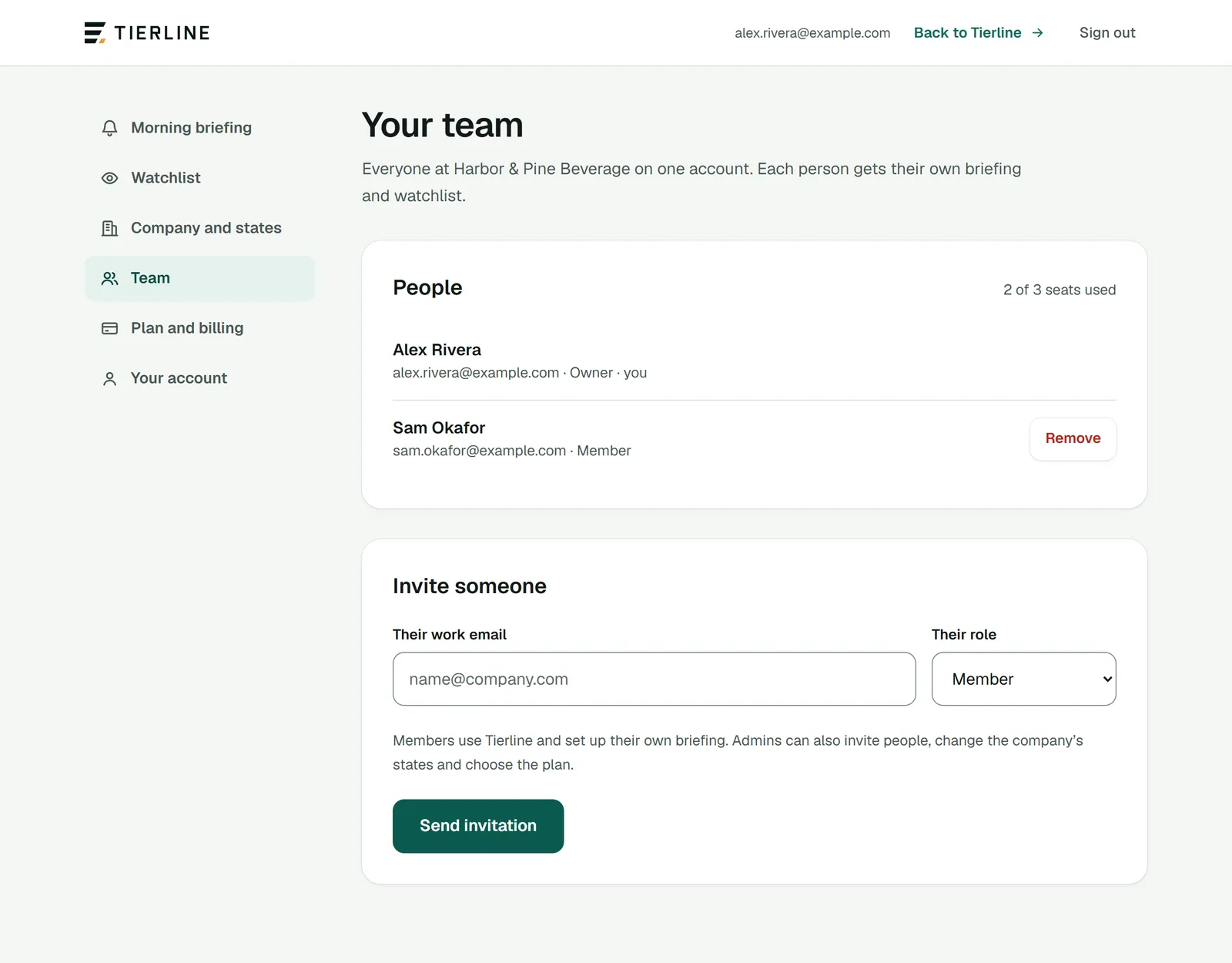 Team in Settings: the seats used, each person with their email and role, buttons to send an invitation again or remove someone, and a form to invite someone by work email as a member or admin.