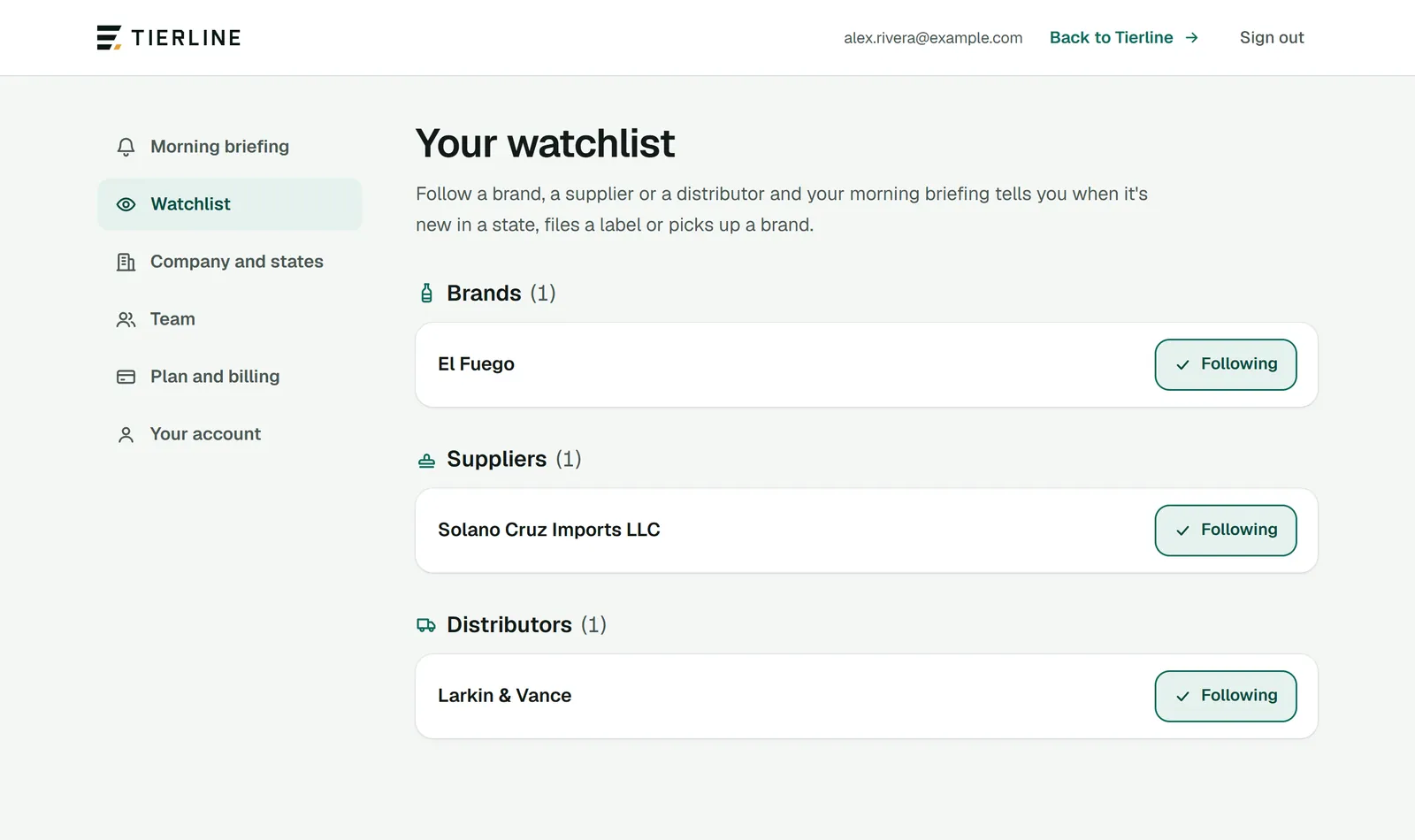 The watchlist in Settings: the brands, suppliers and distributors you follow, grouped by kind, each with a Following button to stop following.