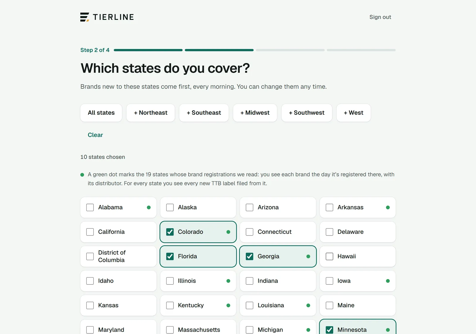 The welcome step that asks which states you cover: quick picks for all states or a region, the count of states chosen, a note that a green dot marks the states whose registrations Tierline reads, and a checkbox for every state.