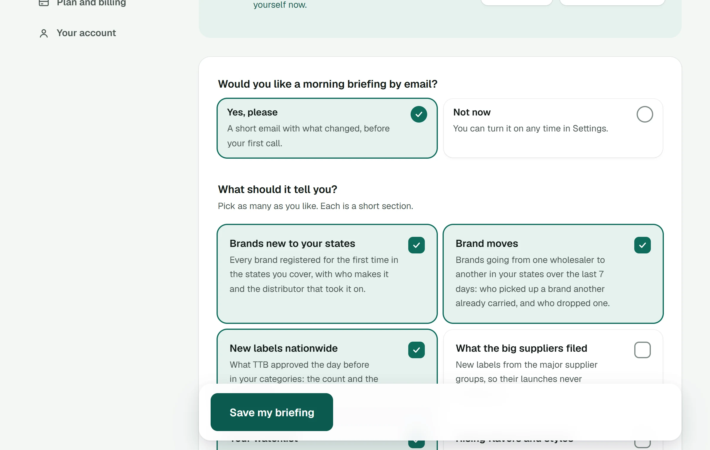 Setting up the morning briefing: big cards for each section, the hour it arrives and how often